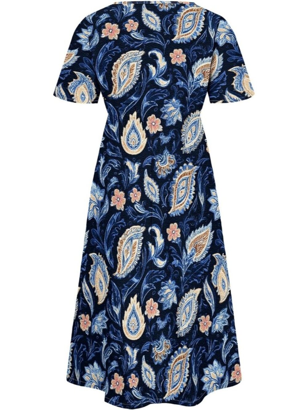 Women's Dark Blue Sleeve Crewneck Floral Print Casual Mode Maxi Long Dress - Picture 5 of 5